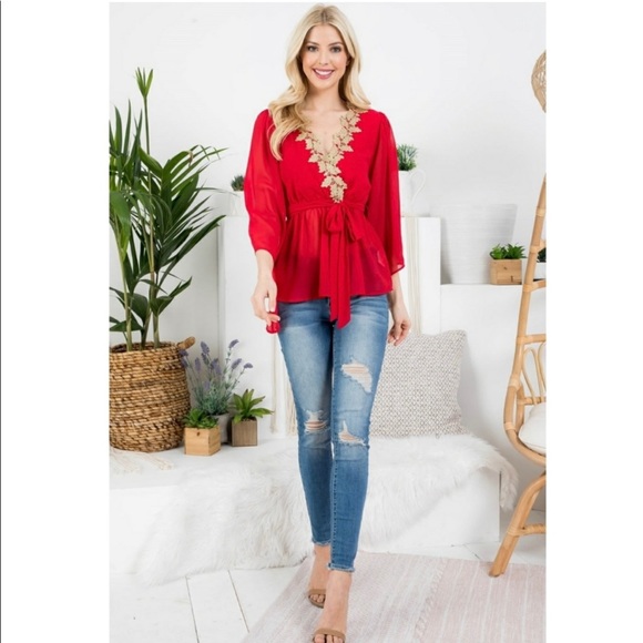 New! Sale 🎉Red chiffon Leaf Detail Trim Cinched Waist with Belt Angel Arms - Picture 7 of 9